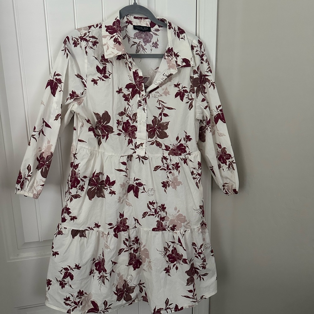 White Floral Long Sleeve Shirt Dress - Burgundy Print